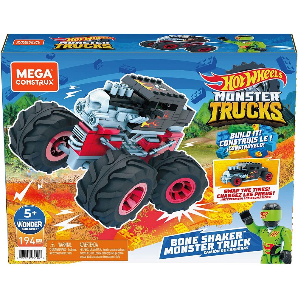 Hot Wheels Monster Trucks 1:64 Scale Bone Shaker Crushable Car 6/75,  Black/red